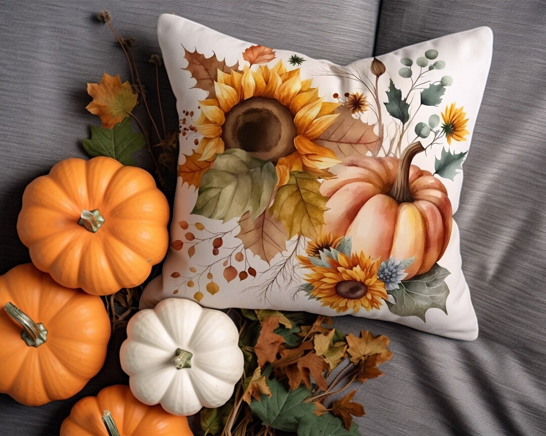 Sunflower & Orange Pumpkin Pillow Covers, Autumn Leaves Cushion Cover