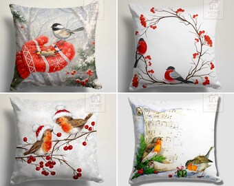 Bullfinch Printing Pillow Covers, Sparrow Cushion Cover, Noel Pillow Cases, Pine Cone Pillow Shams, Winter House Pillow Top, Christmas Decor