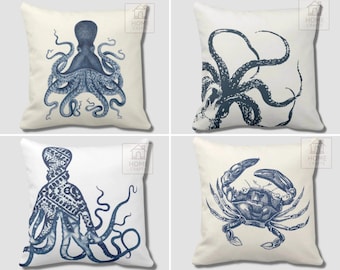 Octopus Pillow Cover, Sea Life Pillow Case, Crab Cushion Cover, Beach House Pillow, Ocean Throw Cushion Case 16x16, 18x18, 20x20, 24x24