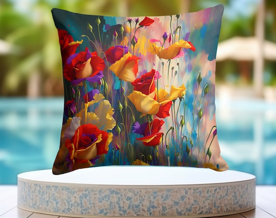 WATERPROOF Bright Summer Flowers Pillow Cover Watercolor Spring Floral Outdoor Pillowcase Water Resistant Premium Rose Sofa Pillow Sham Etsy