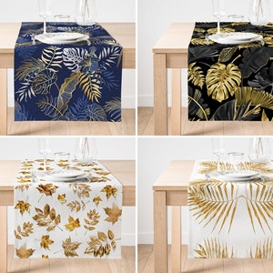 Gold Leaves Table Runner, Leaves Trend Table Cover, Gold White Kitchen Runner, Decorative Table Cloth, Housewarming Gift, Leaves Table Decor