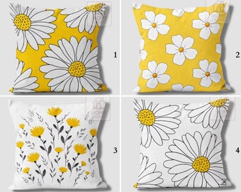 Daisy Pillow Covers, Yellow Floral Throw Pillows, Summer Trend Cushion Cover, Decorative Sofa Cushion, Flower Home Decor, Housewarming Gift