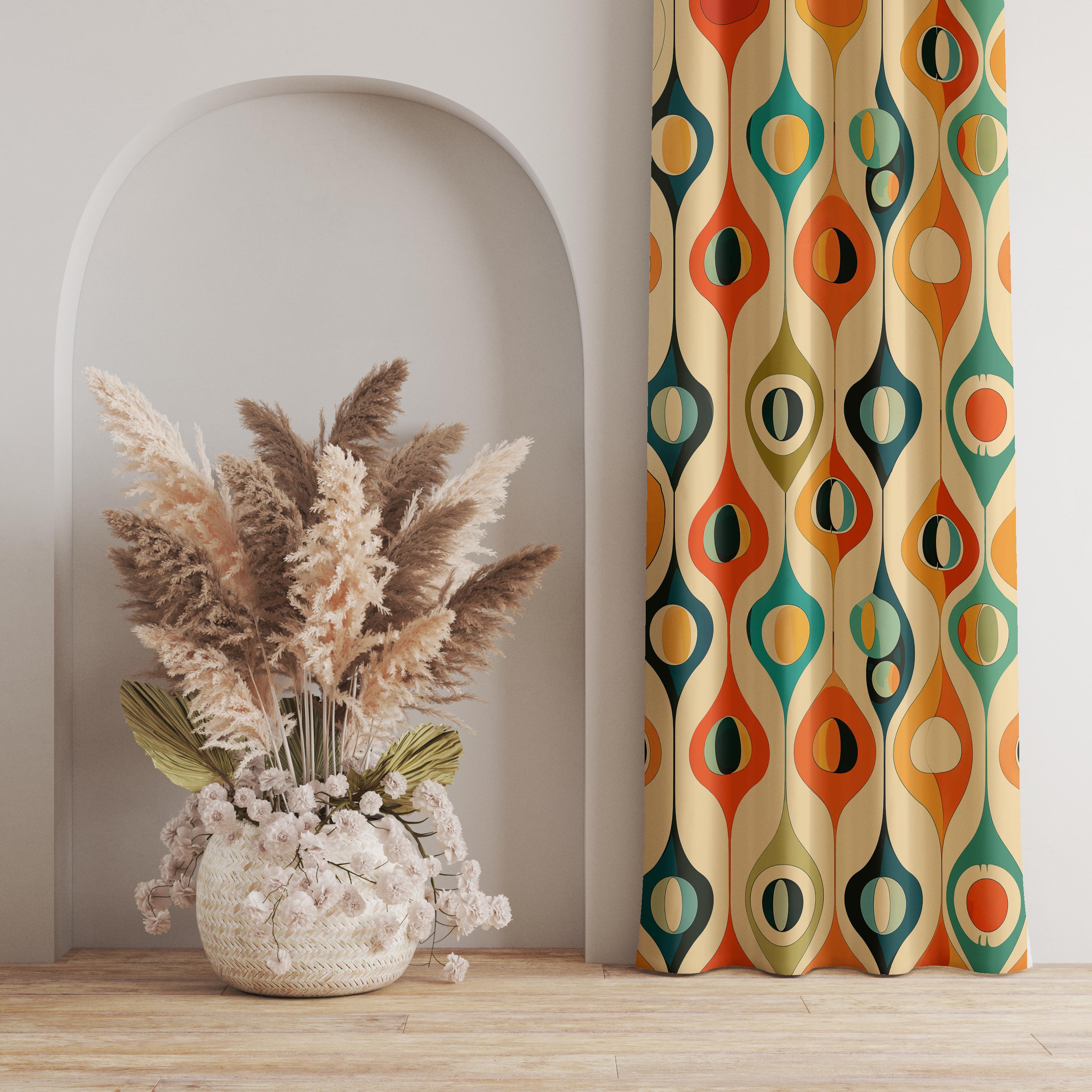 抽象的なレトロデザインのカーテン、カラフルなミッドセンチュリー