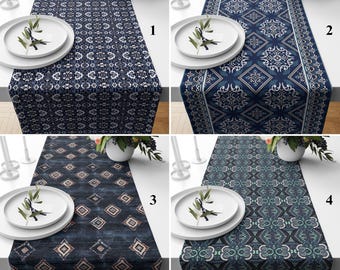 Navy Blue Table Runner, Moroccan Geometric Table Cover
