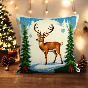 Christmas Reindeers Pillowcases, Xmas Deer Pillow Sham, Christmas Tree Pillow Cover, Stag Pillow Slip, Forest Cushion Cover, Winter Decor