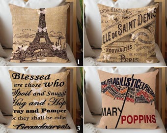 Vintage Parisian Throw Pillow Cover, Rustic Eiffel Tower Decor