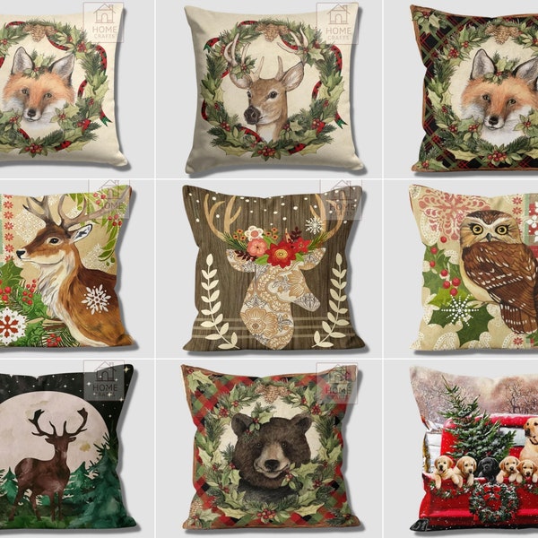 Fox Deer Bear Pillow Cases, Christmas Pillow Cover, Noel Throw Pillow, Owl Pillow Top, Fox Cushion Cover, Reindeer Pillows, New Year Decor