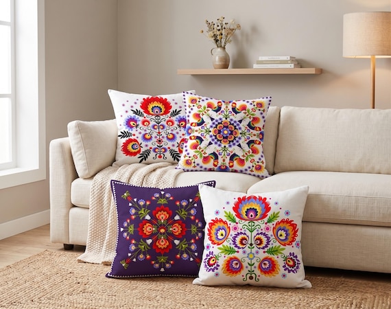 Polish Folk Art Pillow Cover, Wycinanki Flower Cushion, Colorful Ethnic Case