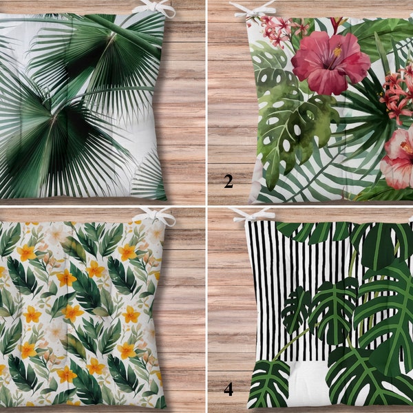 Tropical Leaves Puffy Seat Pads, Hibiscus Floral Outdoor Chair Cushion, Palm Leaf Chair Pads, Indoor Bench Cushion Pad, Beach Seat Cushions