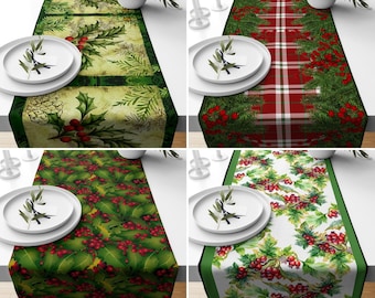 Red Green Holly Berries Style Table Runner, Christmas Rectangle Table Runner, Xmas Plaid Runner, Noel Ornaments Table Top, New Year Presents