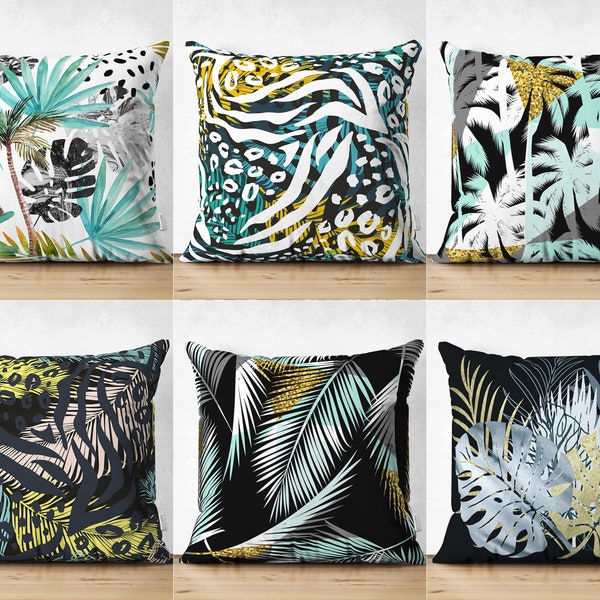 Fundas de almohada de palmera, fundas de almohada de hojas azules tropicales, cojín de sofá con estampado de hojas de Monstera, funda de almohada decorativa de plumas, diseño del hogar