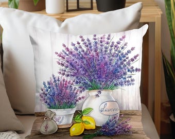 Federa decorativa per cuscino quadrata, motivo floreale viola