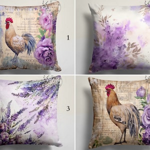 Lavender Style Pillow Covers, Purple Flower Bench Pillowcase, Rooster Throw Pillow, Spring Flower Cushion Cover, Decorative Patio Pillow Top