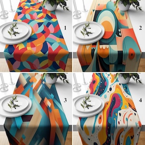 Vibrant Abstract Table Runner, Colored Geometric Table Cover, Mid Century Dining Table Decor, Modern Table Linen, Funky 70s Style Table Deco