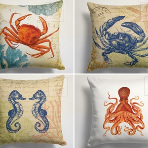 Sea Creatures Pillow Cover, Seahorse Throw Pillow Case, Octopus Outdoor Cushion, Beach Pillows, Ocean Pillow, Crab Cushion Case, Sea Case