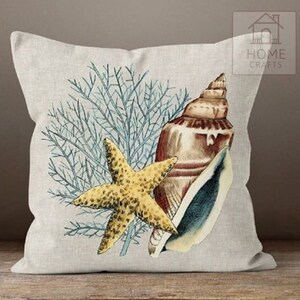 Oyster Throw Pillow Case, Coral Pillow Cover, Starfish Outdoor Cushion, Beach House Pillow Sham, Sea Shell Cushion Cover 18x18, 20x20, 24x24 image 5