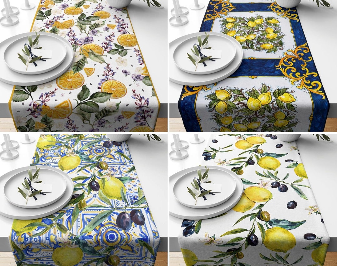 Lemon & Olives Table Runner, Lemon Design Table Cover, Leaf Style Table