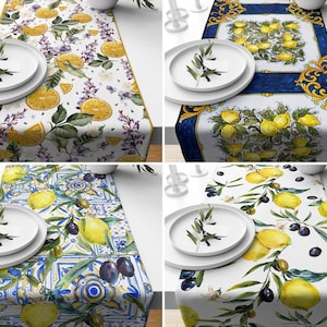 Lemon & Olives Table Runner, Lemon Design Table Cover, Leaf Style Table Runner, Flower Pattern Tablecloth, Summer Trend Table Top, Home Gift