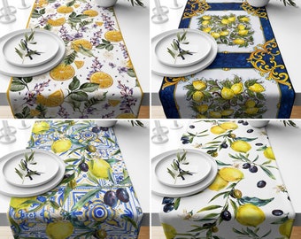 Lemon & Olive Print Table Runner, Summer Table Decor