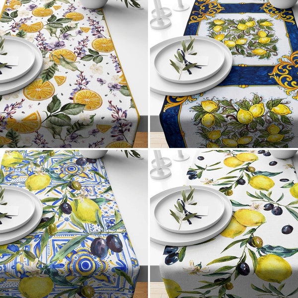 Chemin de table citron et olives, napperon design citron, chemin de table style feuille, nappe motif fleurs, dessus de table tendance estivale, cadeau pour la maison