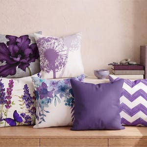 Purple Floral Pillow Cover, Lavender and Dandelion Cushion Case, Violet Peony Garden Decor