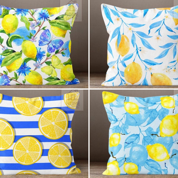 Lemon Pillow Case, Outdoor Lemon Pillow, Lemon Scatter Pillow, Lemon Striped Pillow, Yellow Blue Pillow Cover, Lemon Cushion Case, Home Gift