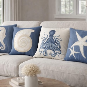 Navy Blue Coastal Pillow Cover, Nautical Sea Life Cushion Case, Ocean Beach House Gift