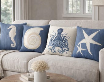 Navy Blue Coastal Pillow Cover, Nautical Sea Life Cushion Case, Ocean Beach House Gift