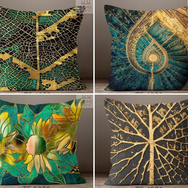 Emerald Abstract Throw Pillow Case, Green Leaves Cushion Case, Modern Art Pillow, Art Deco Pillow, Decorative Sofa Pillow, Unique Home Decor