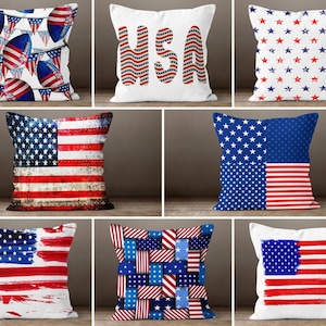 4th of July Pillow Cover, USA Flag Pillow Case, Red Blue White Square Pillow, Decorative Cushions, US Flag Pillow, US Flag Throw Pillow