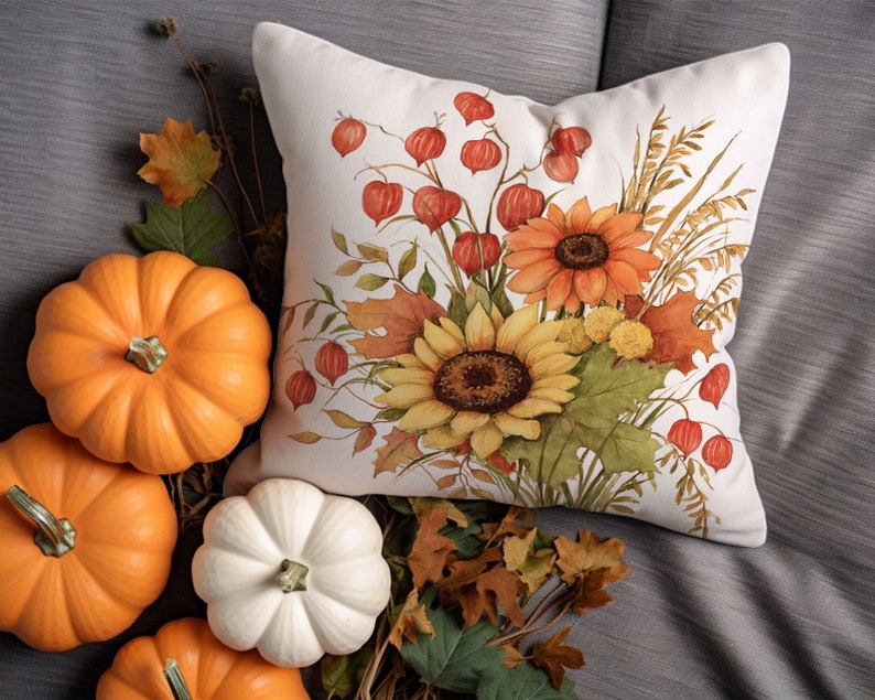Watercolor Muted Sunflower & Autumn Throw Pillow Cover, Fall Floral ...