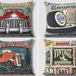 Vintage Car Cushion Cover, Retro Car Pillow Case, Classic Cars Pillow Sham, Retro Car Pillows, Car Service Pillowcase, Old Automobile Pillow