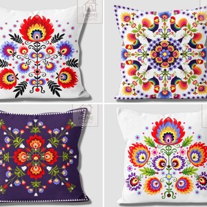 Polish Folk Art Pillow Cover, Wycinanki Flower Cushion, Colorful Ethnic Case image 3