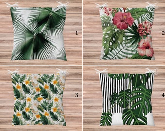 Tropical Leaves Puffy Seat Pads, Hibiscus Floral Outdoor Chair Cushion, Palm Leaf Chair Pads, Indoor Bench Cushion Pad, Beach Seat Cushions