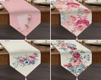 Pink Blue Flower Triangle Runner, Nature Themed Table Sheet, Colourful Dining Tasseled Runner, Blossom Triangle Runner, House Decoration