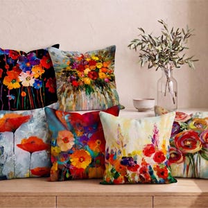 Abstrakter Blumenkunst-Kissenbezug, Bunter Ölgemäldedruck, rote Mohnblumen-Wildblume, künstlerisches Kissen