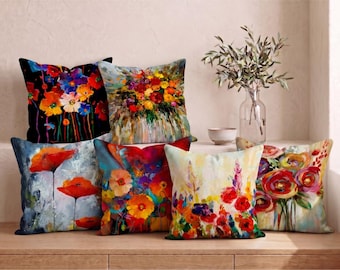 Abstract Floral Art Pillow Cover, Colorful Oil Painting Print, Red Poppy Wildflower, Artistic Cushion