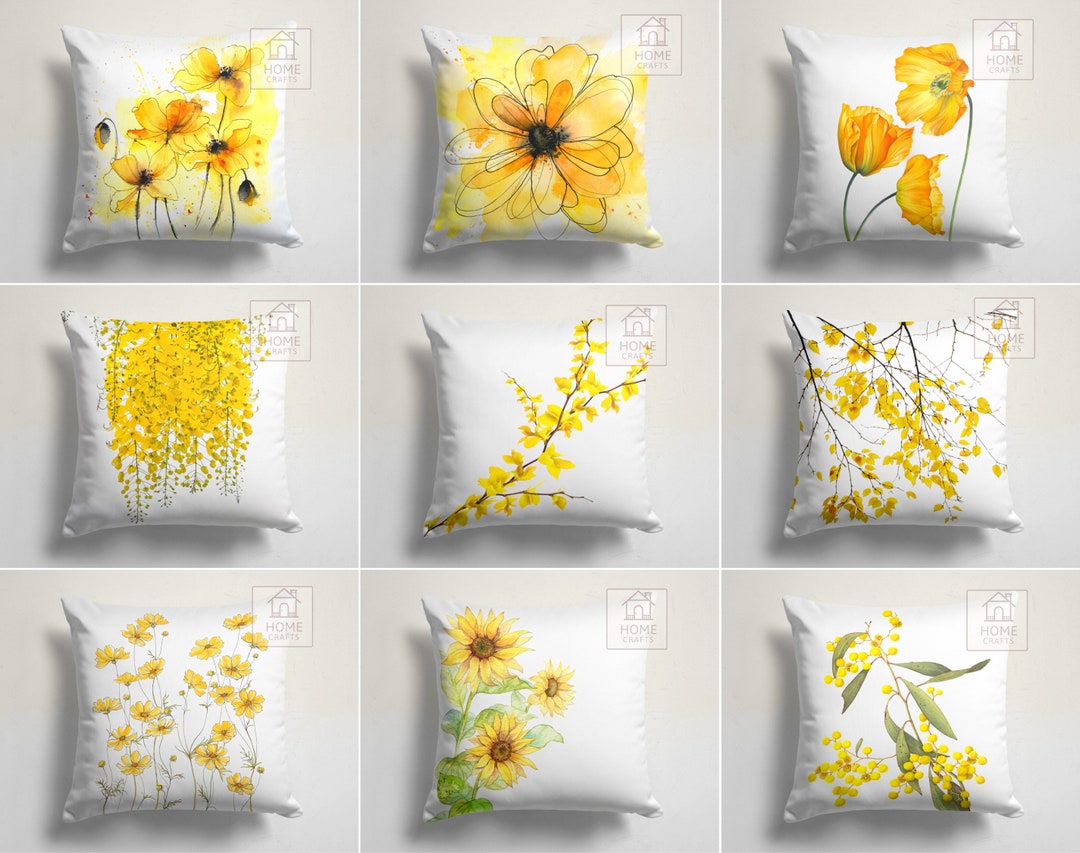 Yellow Floral Throw Pillow Case, Summer Trend Cushion Cover, Decorative