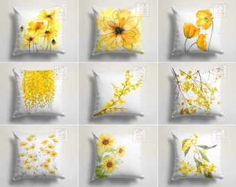 Yellow Floral Throw Pillow Case, Summer Trend Cushion Cover, Decorative Sofa Cushion Case, Flower Home Decor, Housewarming Gift, Garden Deco