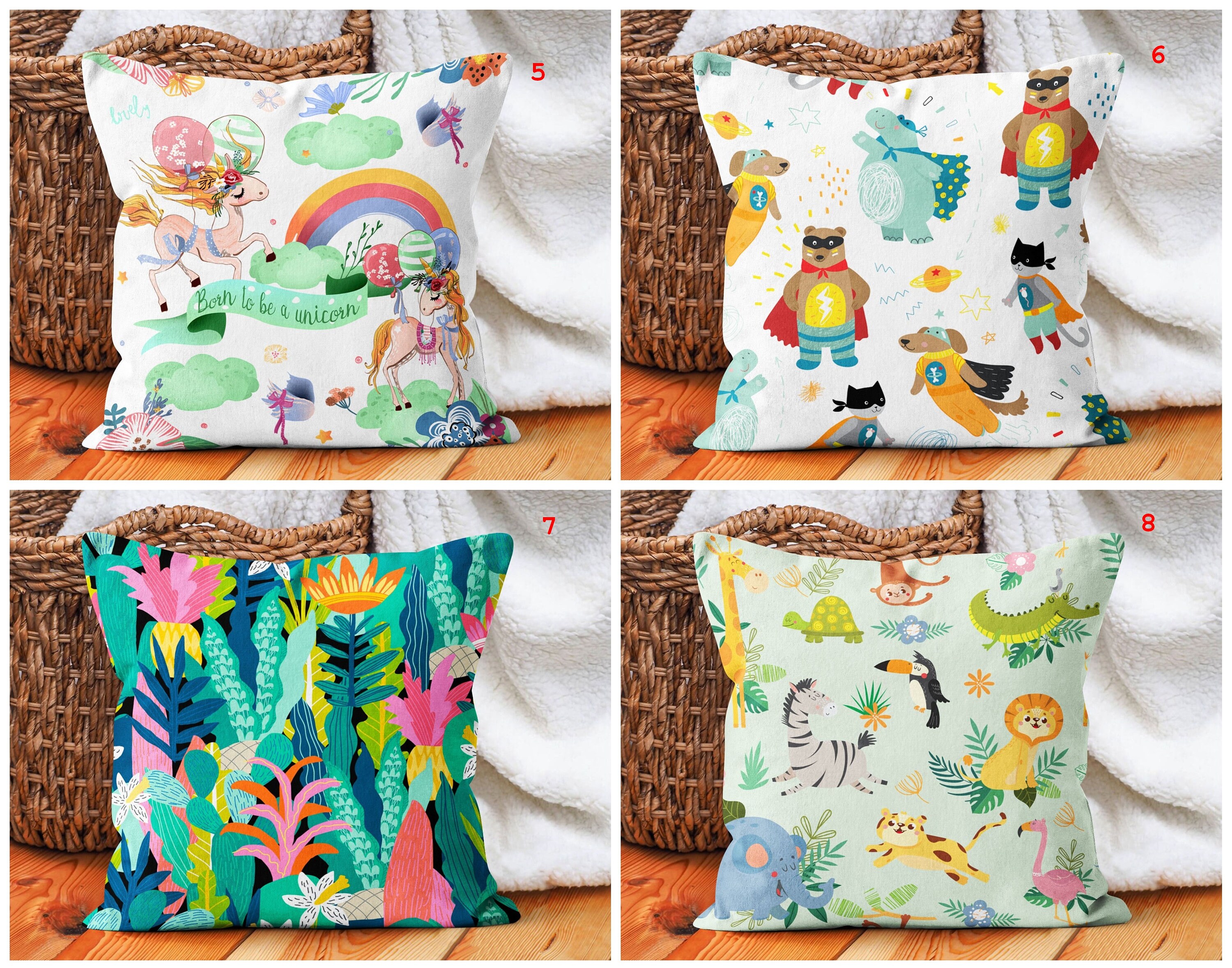 40x40cm Boys/Girls Personalised Kids  multi colour Unicorn Soft Cushion Cover 