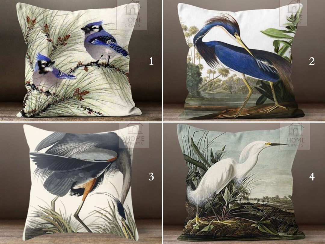 Heron Bird Drawing Pillow Covers, Watercolor Blue Jay Pillowcase, Snowy Heron Pillow Protector