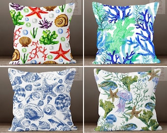 Coral Pillow Cover, Sea Shell Throw Pillow Case, Starfish Outdoor Cushion, Beach House Pillow Sham, Coral Cushion 18x18, 16x16, 20x20, 24x24