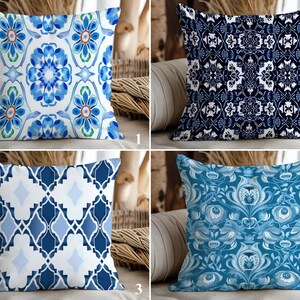 Blue Tile Pattern Throw Pillow Covers, Mediterranean Decor Pillowcase, Moroccan Pillow Sham, Ceramic Design Cushion Cover, Azulejo Home Deco