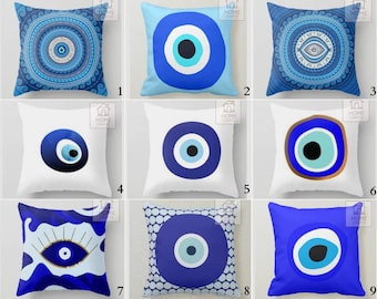 Evil Eye Cushion Case, Nazar Bead Pillowcase, Turkish Blue Evil Eye Pillow Topper, Good Luck Home Decor, Amulet Throw Pillow Sham, Home Gift