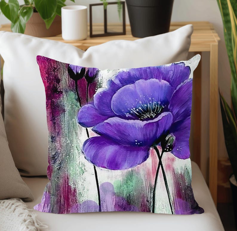 Purple Floral Pillow Cover, Decorative Throw Cushion Pattern #2