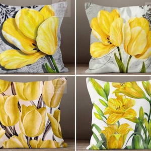 Yellow Floral Pillow Covers, Floral Square Pillow, Floral Cushion Case, Tulip Pillow Shams, Floral Outdoor Pillows, Floral Pillow Covers