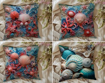 Sea Shell Sofa Pillowcases, Ocean Throw Pillow Cover, Octopus Pillow, Nautical Cushion Cover, Beach Pillow Sham, Coastal Pillows, Yacht Deco