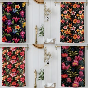 Dark Exotic Floral Kitchen Towel, Vibrant Flower Summer Dish Towel, Tropical Botanical Tea Towel, Colorful Hibiscus Spring Kitchen Decor