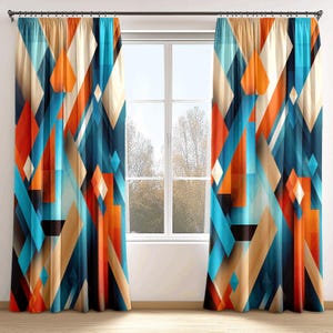 Abstract Geometric Symphony Curtain, Retro Vibrant & Eye Catching Decorative Curtain, Mid Century Modern Valances, Blue Orange Stylish Drape