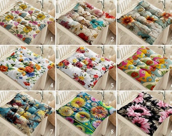 Abstract Flower Puffy Chair Pads, Colorful Floral Seat Cover, Nature Theme Balcony Fluffy Seat Pad, Outdoor Seat Cushion, Dining Room Decor